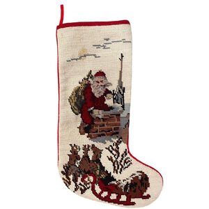 Vtg Needlepoint Cross Stitch Christmas Stocking Santa Chimney Sleigh Velvet Back